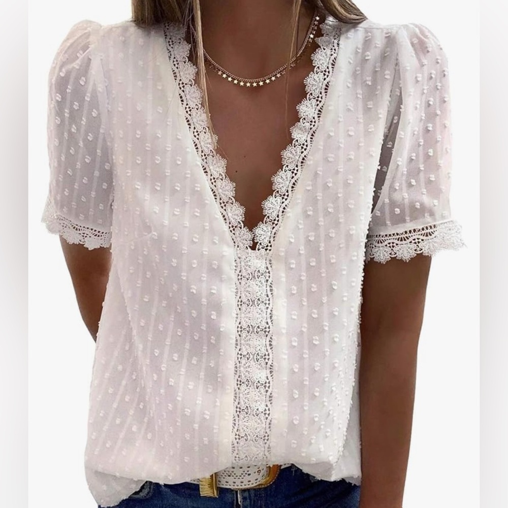 White V Neck Short Sleeve Blouse - Size Medium